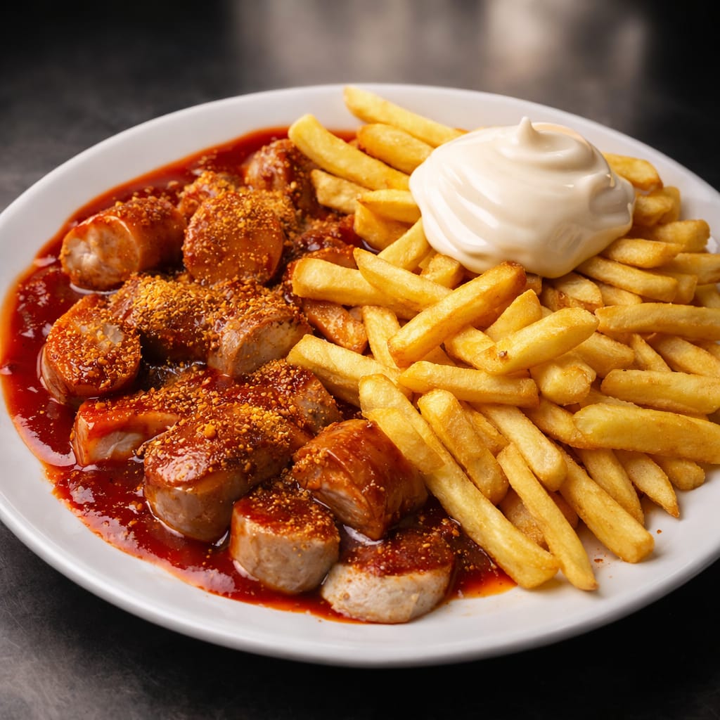 Klassische Currywurst mit Pommes und Mayonnaise